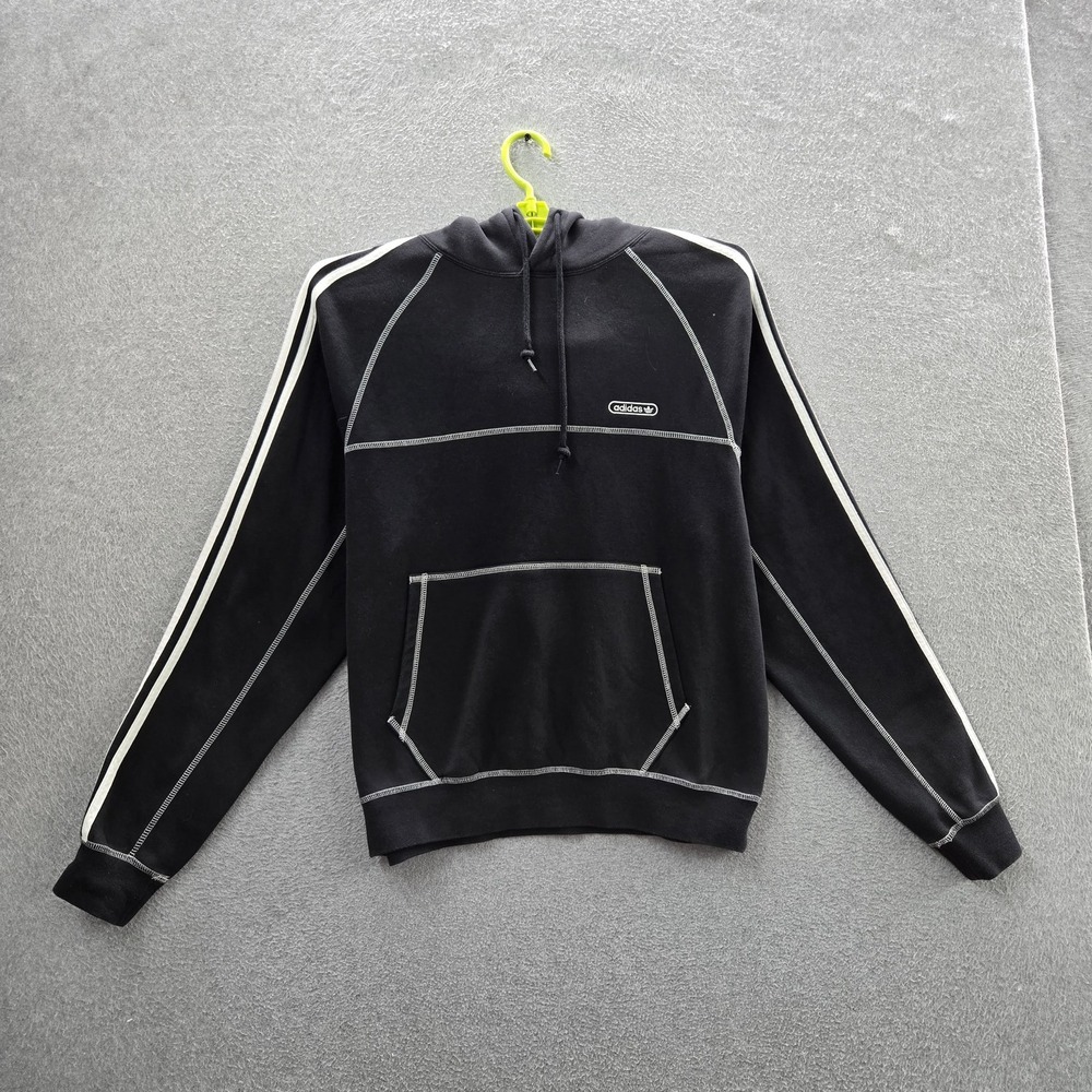 Adidas Men Hoodie M Black Fleece Trefoil Logo Contrast Stitch Pullover